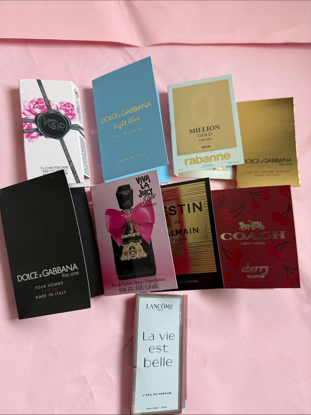 Macys Goodies Sample set 9 pcs New coach cherry, lancome, victor rolf etc
